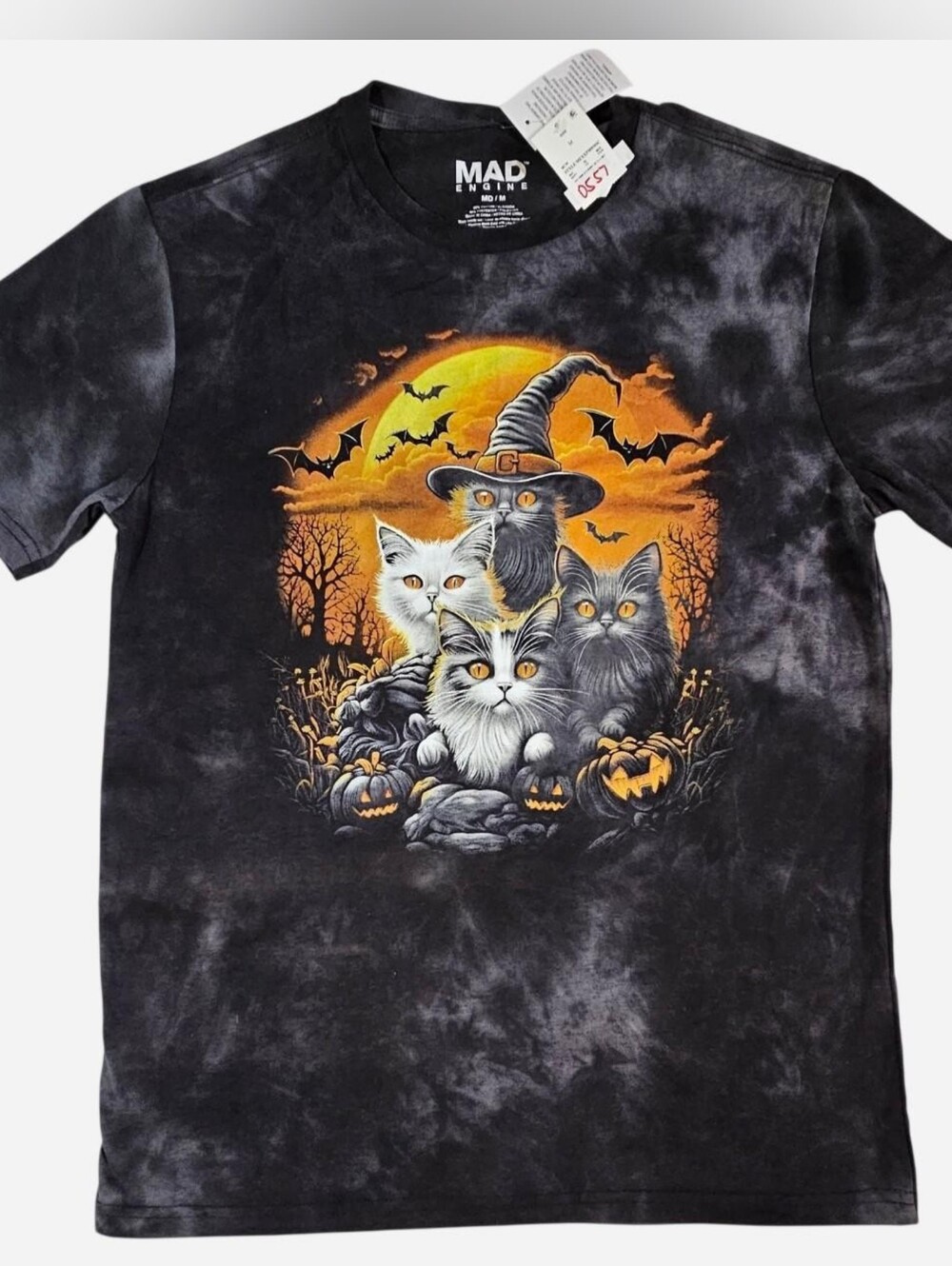 MAD Engine Black Tie-Dye Halloween Cat Graphic Tee with Orange Moon and Pumpkins